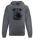 Charcoal grey hoody, with image of a classic IOM road race motorbike and rider.