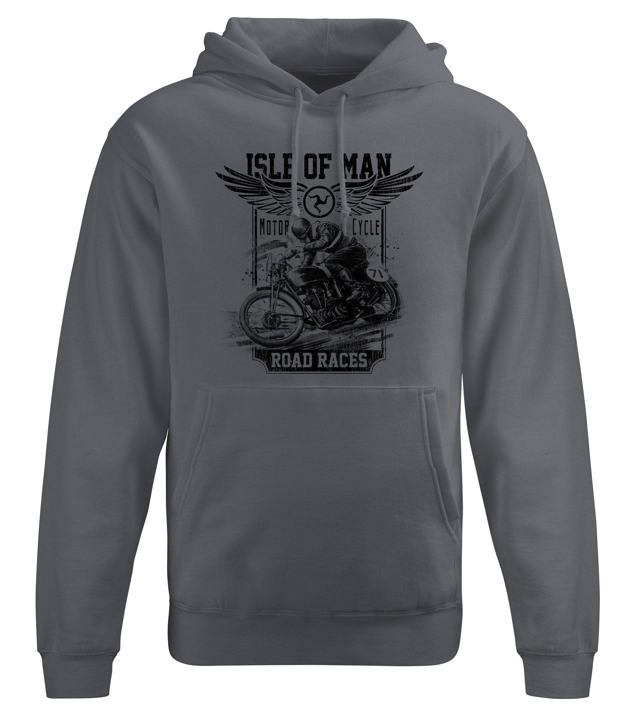 Charcoal grey hoody, with image of a classic IOM road race motorbike and rider.