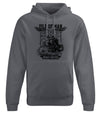 Charcoal grey hoody, with image of a classic IOM road race motorbike and rider.