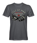 Charcoal grey tee-shirt featuring two motorbikes racing on the Isle of Man