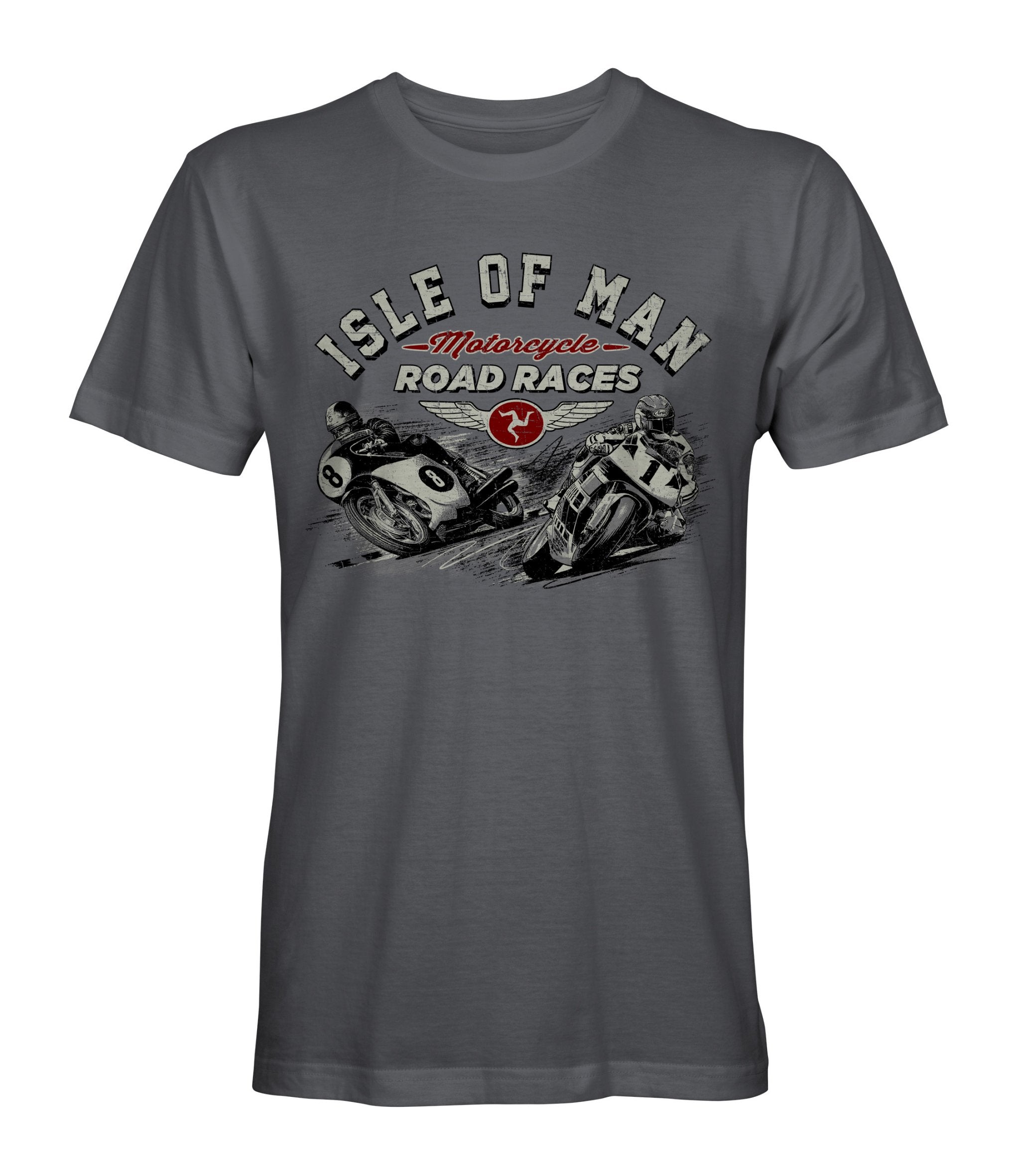 Charcoal grey tee-shirt featuring two motorbikes racing on the Isle of Man