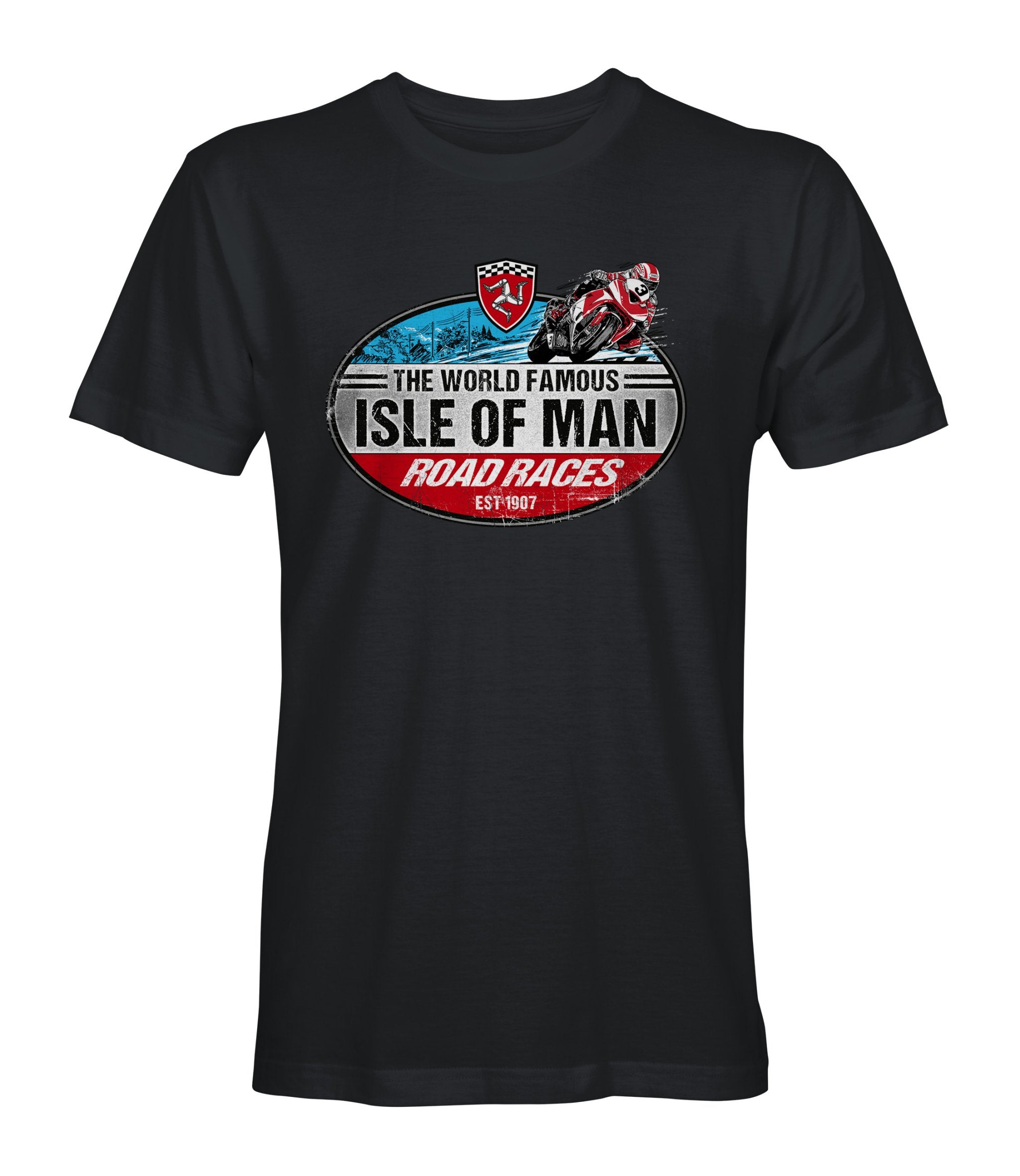 Black tee-shirt featuring World Famous Isle of Man Road Races