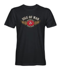 Black tee shirt featuring the Three Legs of Mann and the words Isle of Man Motorcycle Road Races