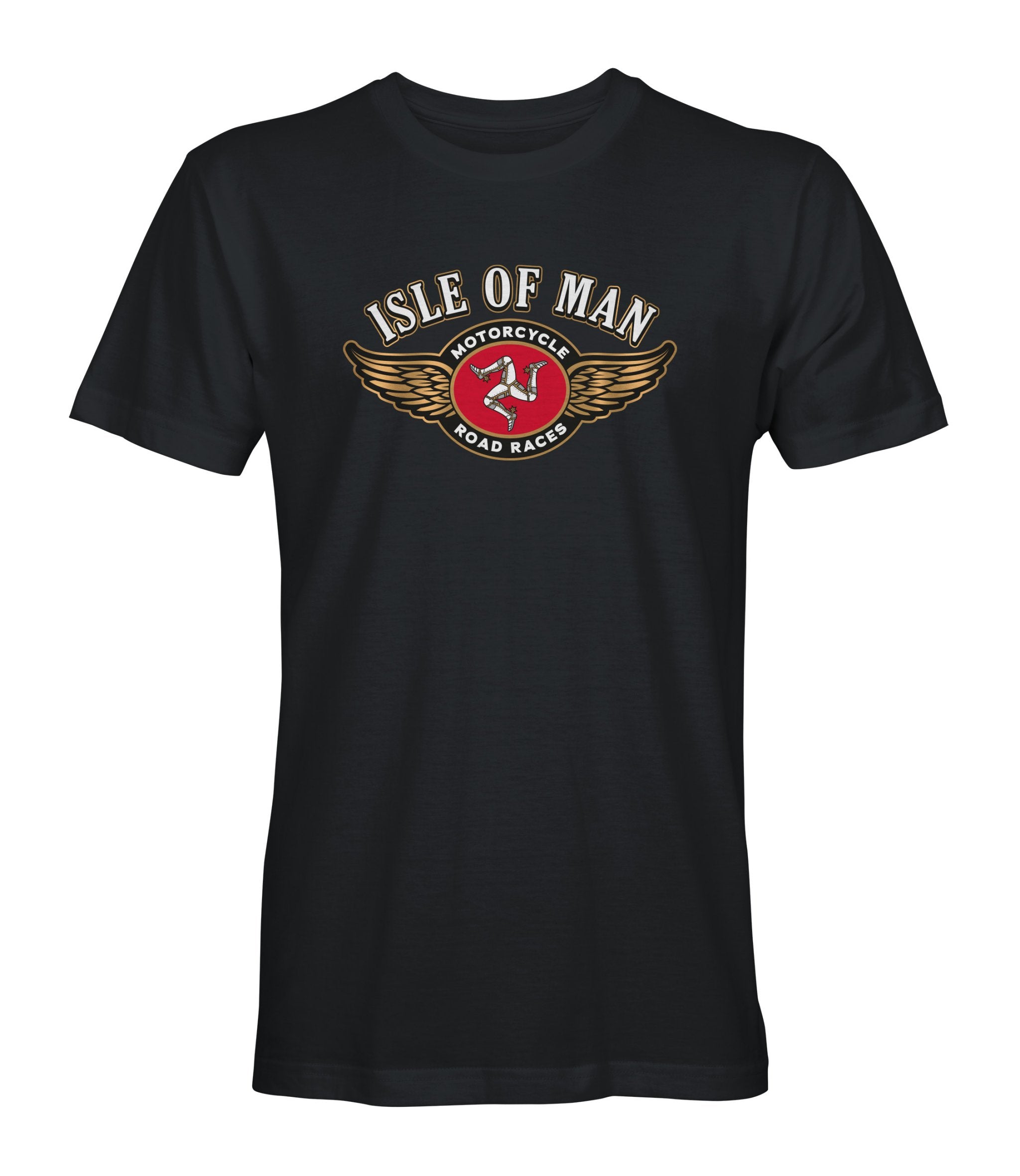 Black tee shirt featuring the Three Legs of Mann and the words Isle of Man Motorcycle Road Races