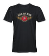 Black tee shirt featuring the Three Legs of Mann and the words Isle of Man Motorcycle Road Races