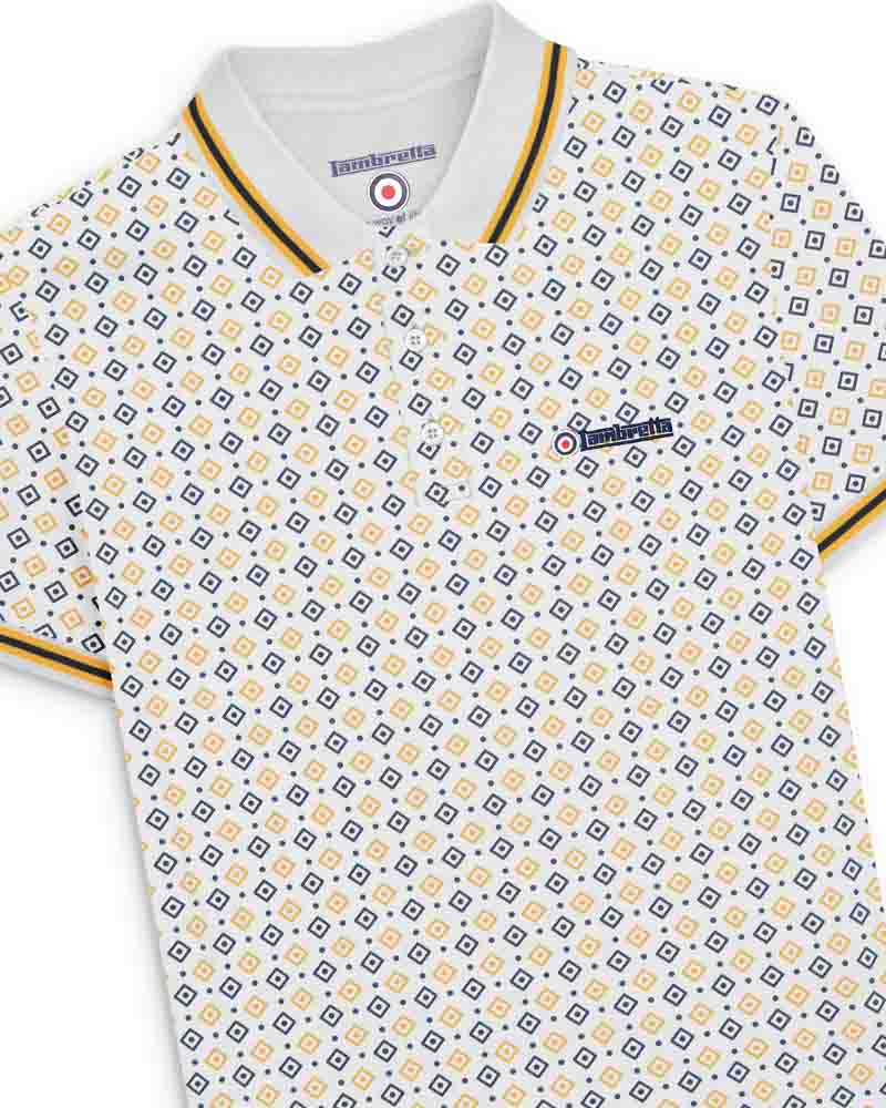 Lambretta Geo AOP Polo Shirt   White-Navy/Gold