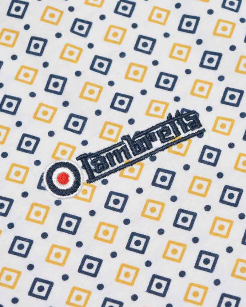 Lambretta Geo AOP Polo Shirt   White-Navy/Gold
