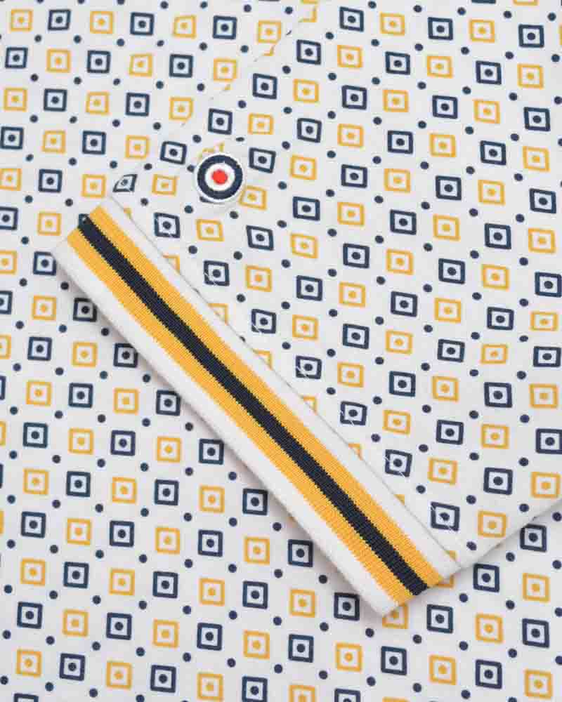 Lambretta Geo AOP Polo Shirt   White-Navy/Gold