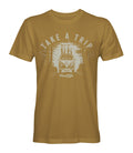 Take a Trip, road trip themed camper van teeshirt, colour mustard