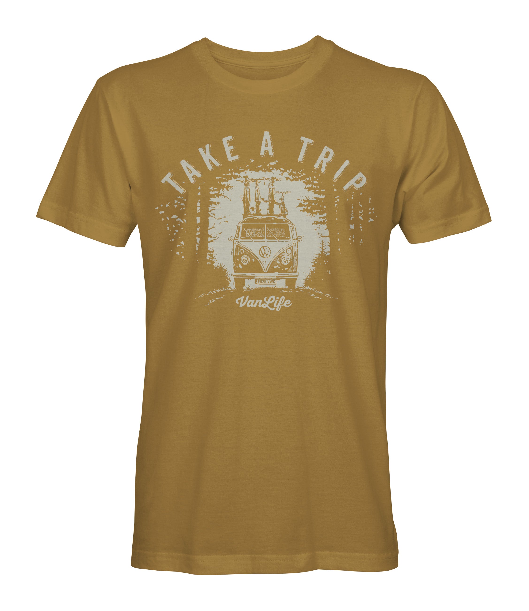 Take a Trip, road trip themed camper van teeshirt, colour mustard